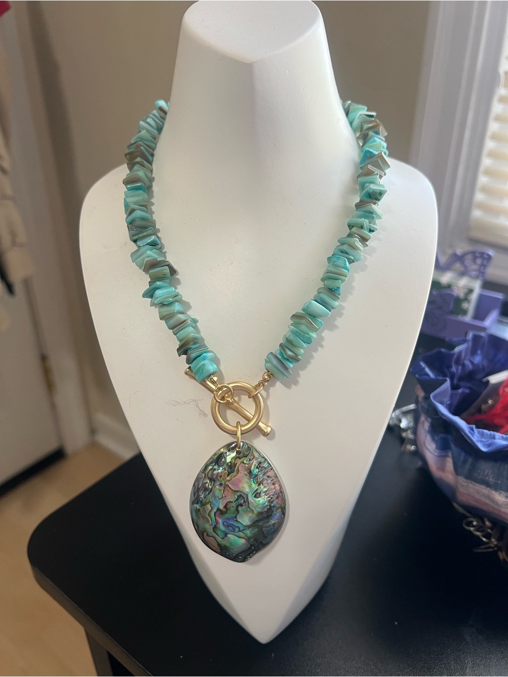 Turquoise Chip Necklace with Abalone Teardrop Pendant - Designer Style